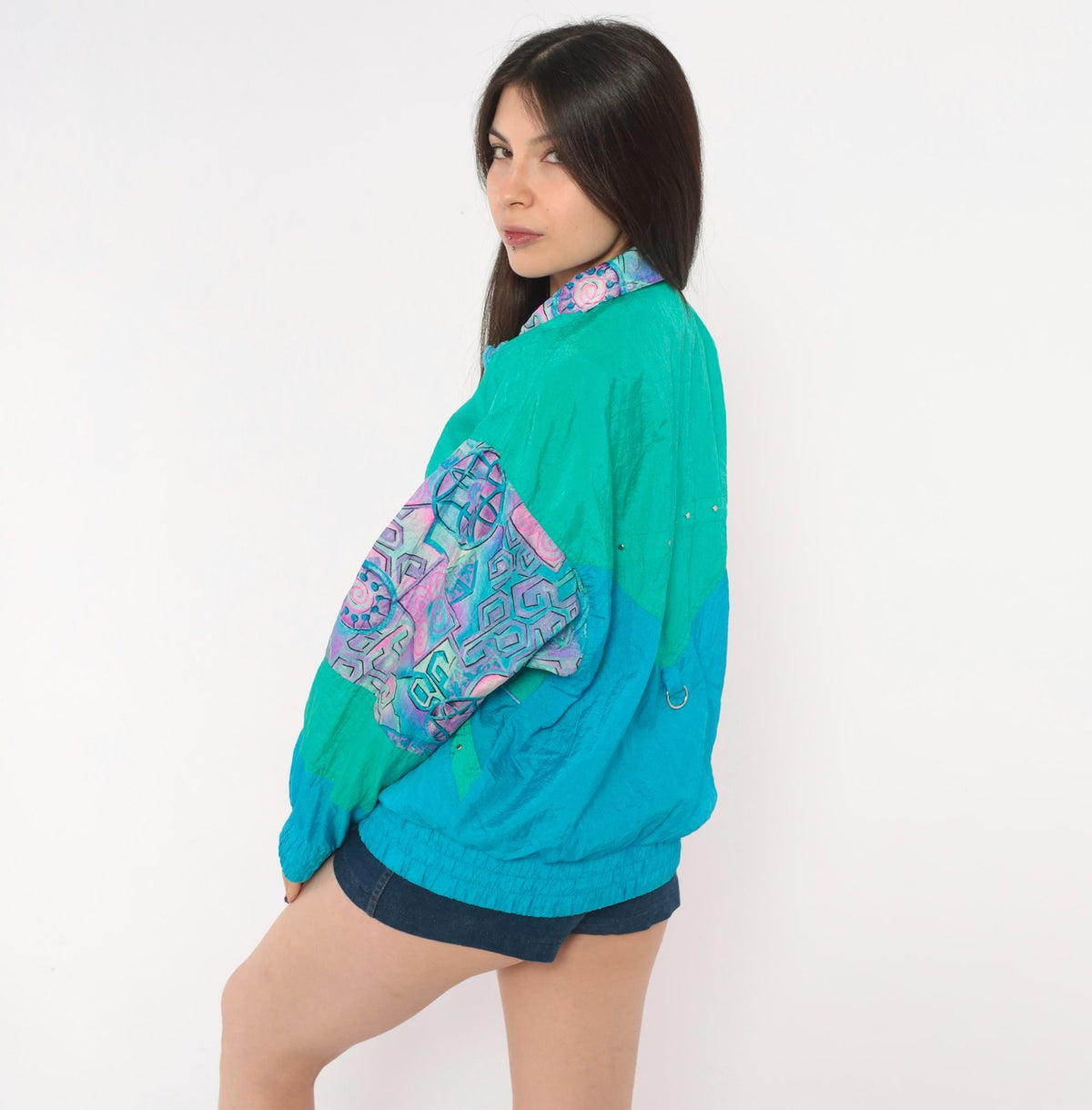90s Otello Pelle Teal Windbreaker Geometric Color Block Jacket Medium
