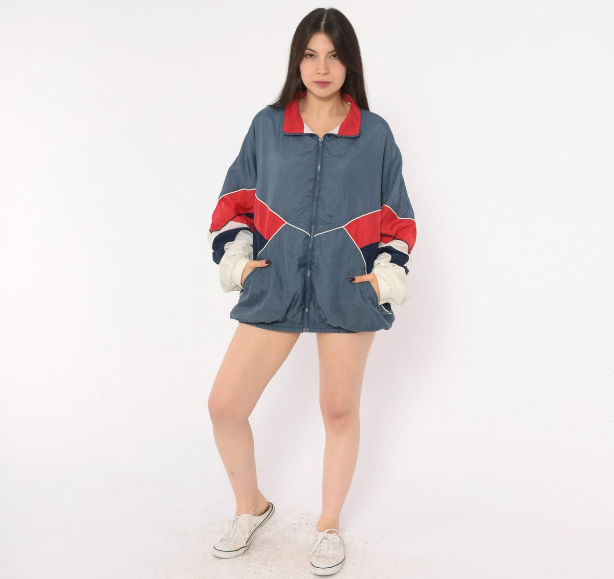 90s Avait Sportif Windbreaker Jacket Colour Block Chevron Blue Navy Cream Extra Large