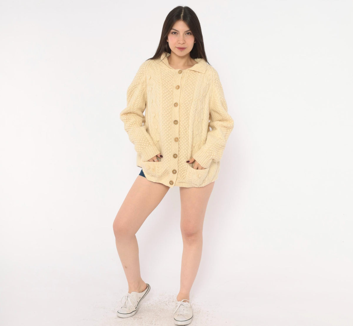 80s Cream Cable Knit Wool Cardigan Fisherman Collar Button Front Large L