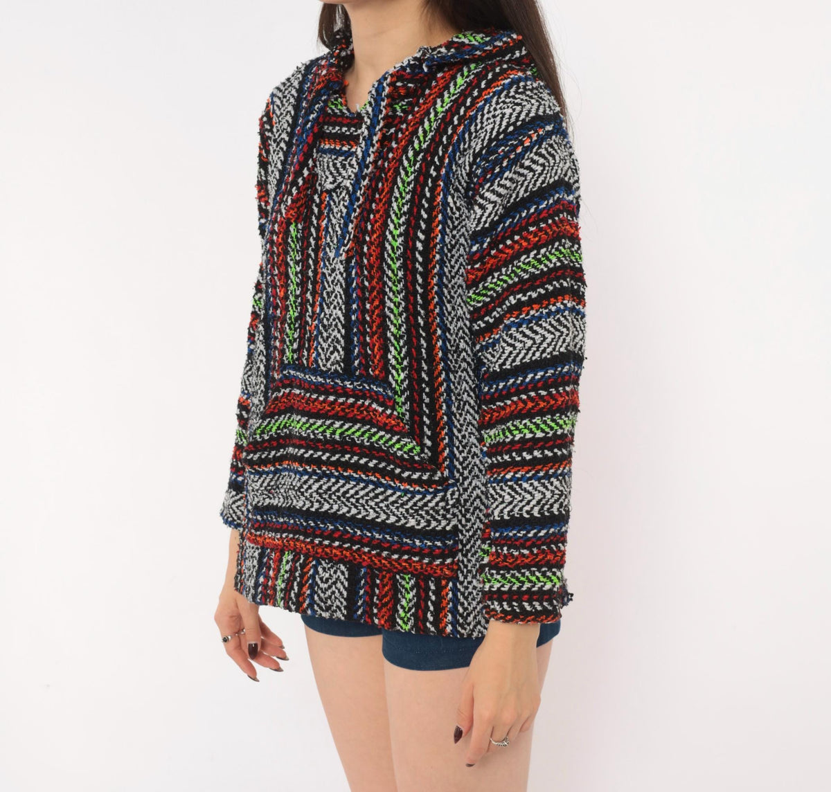 90s Earth Ragz Baja Hoodie Black Rainbow Striped Woven Pullover Extra Small XS