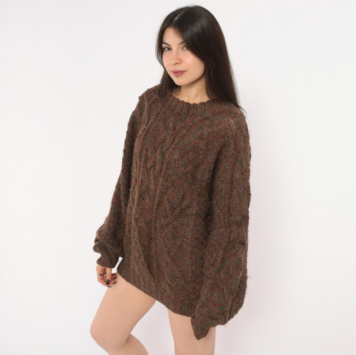 Tommy Hilfiger 90s Cable Knit Wool Sweater Brown Speckled Large