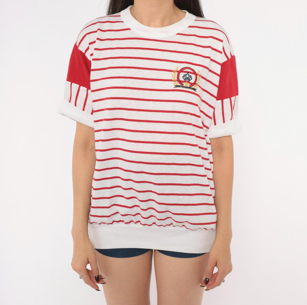 80s Golden Plaza Nautical Striped Tee Red White Embroidered Crest Large