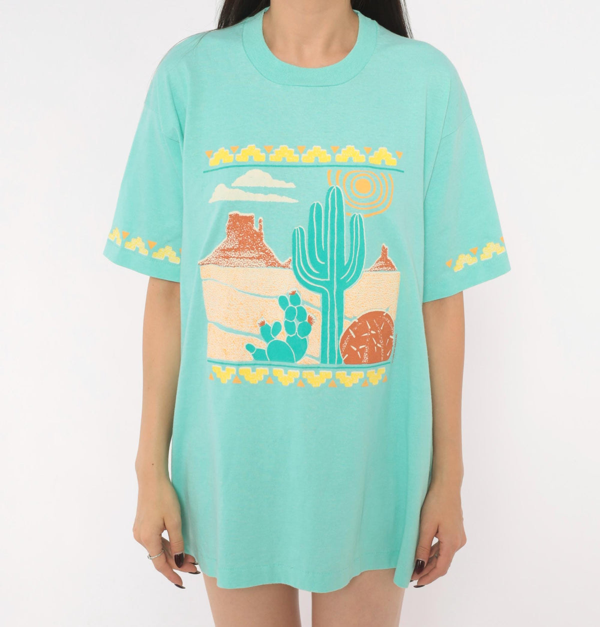 90s Screen Stars Desert Cactus Graphic Tee Seafoam Green Southwestern Extra Large XL