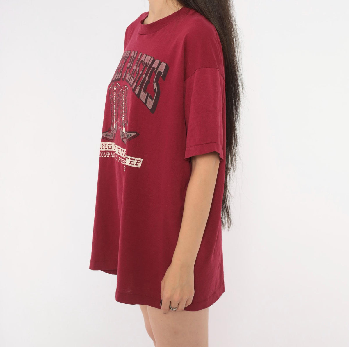 90s Fruit of the Loom Cowboy Boots Graphic Tee Burgundy Western Print Large