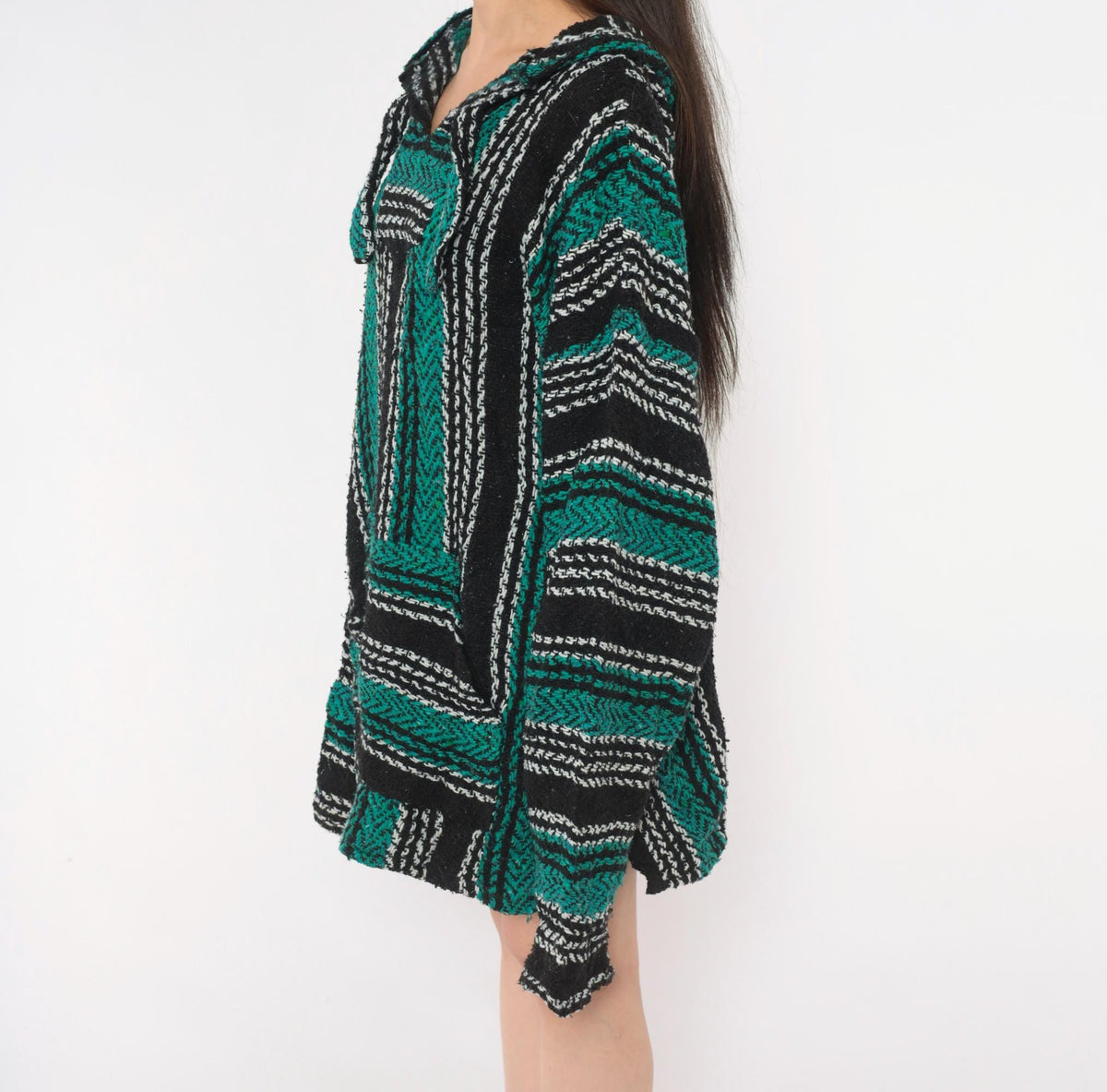 90s Baja Hoodie Black Teal Stripe Kangaroo Pocket V Neck Unisex Extra Large XXL