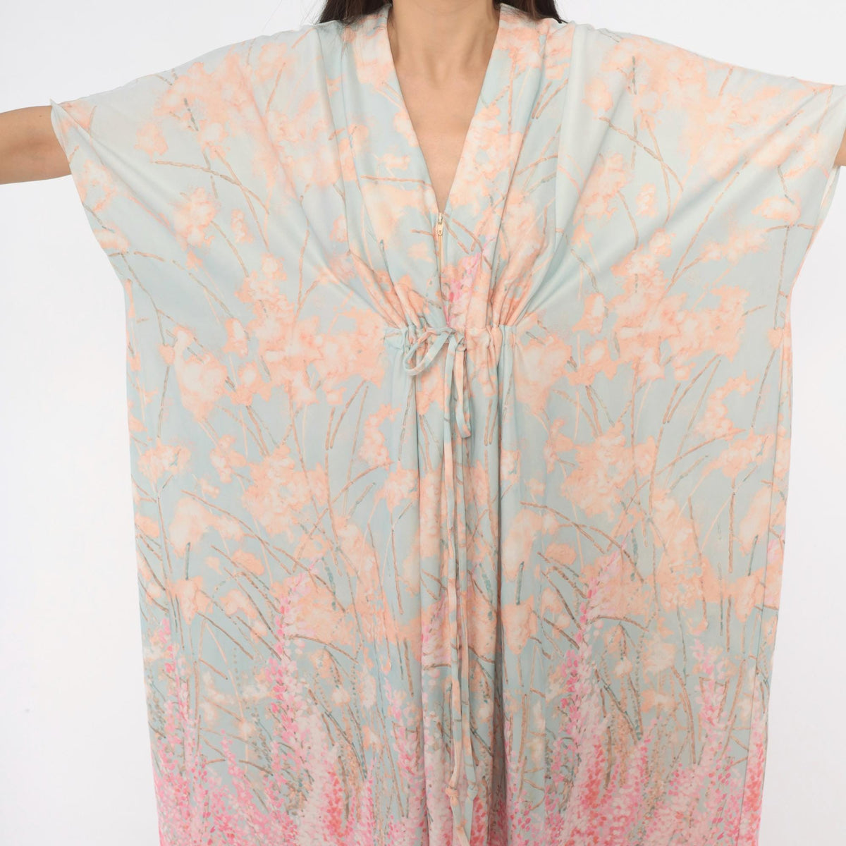 70s T.V. Sangers Crane Bird Caftan Maxi Dress Blue Pink Floral Large