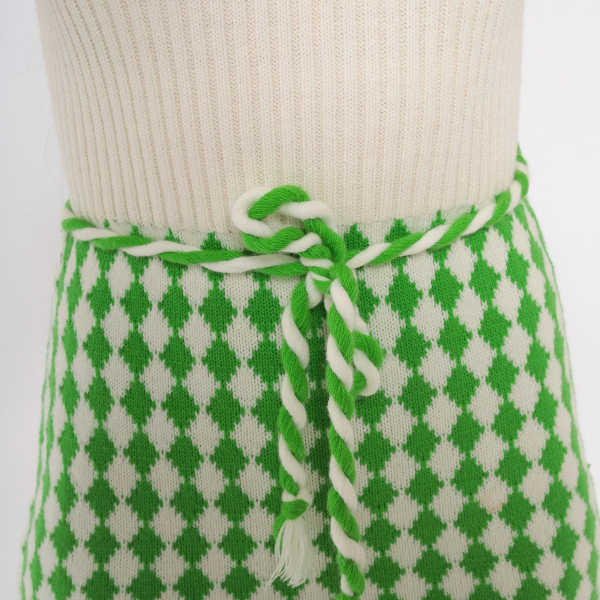 70s Alyssa Knit Mini Dress Green Cream Diamond Argyle Short Sleeve Extra Small XS