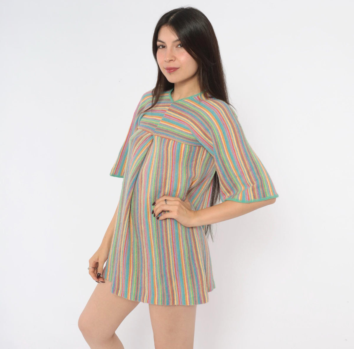 70s Key of Gee Rainbow Striped Knit Mini Dress V Neck A Line Extra Small