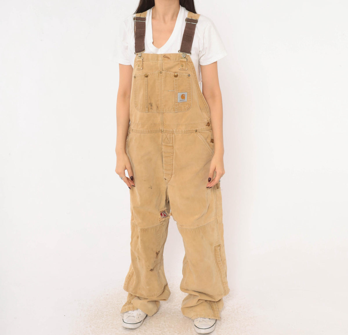 90s Carhartt Tan Duck Canvas Bib Overalls Distressed Workwear Small