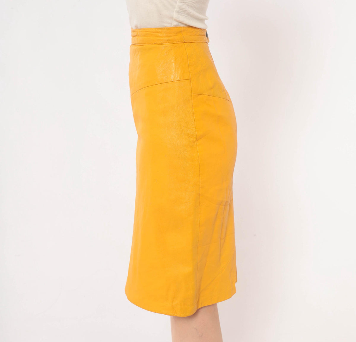 90s Forenza Mustard Yellow Leather Pencil Skirt High Waist Knee Length Extra Small XS