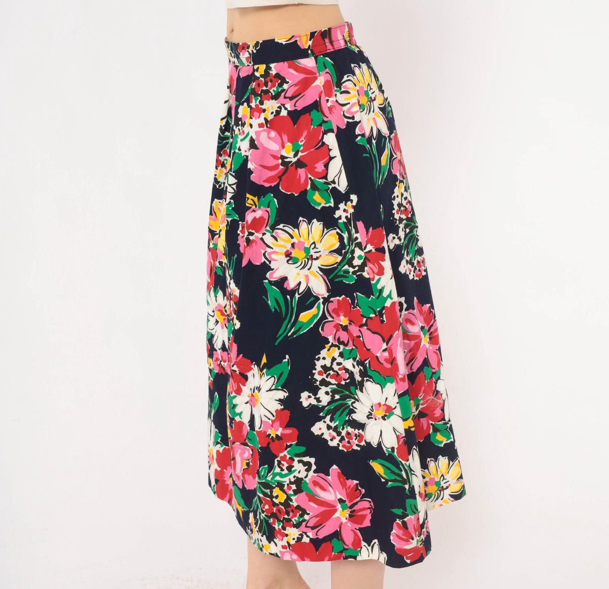 80s Navy Floral Midi Skirt A-Line Daisy Print Cotton Small S