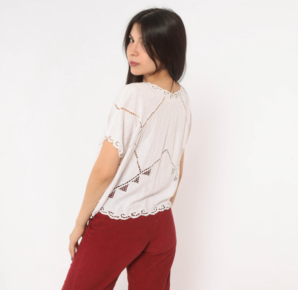 90s Hibis White Cutwork Eyelet Blouse Embroidered Floral Flutter Sleeve Large