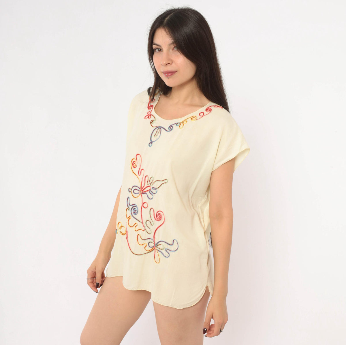 Y2K Cream Blouse Rainbow Soutache Embroidered Floral Cap Sleeve Medium M