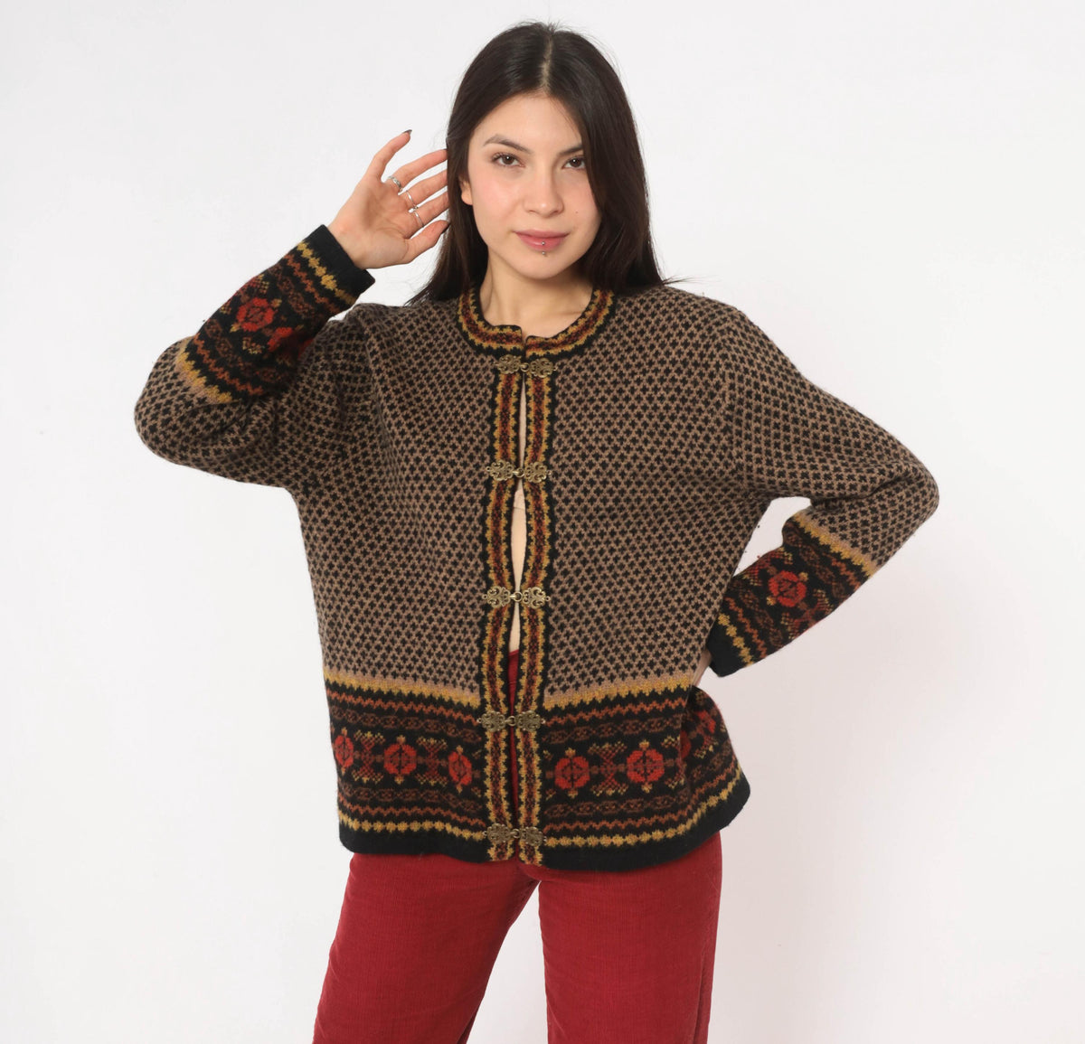 90s Skyr Wool Cardigan Black Tan Fair Isle Nordic Knit Small S