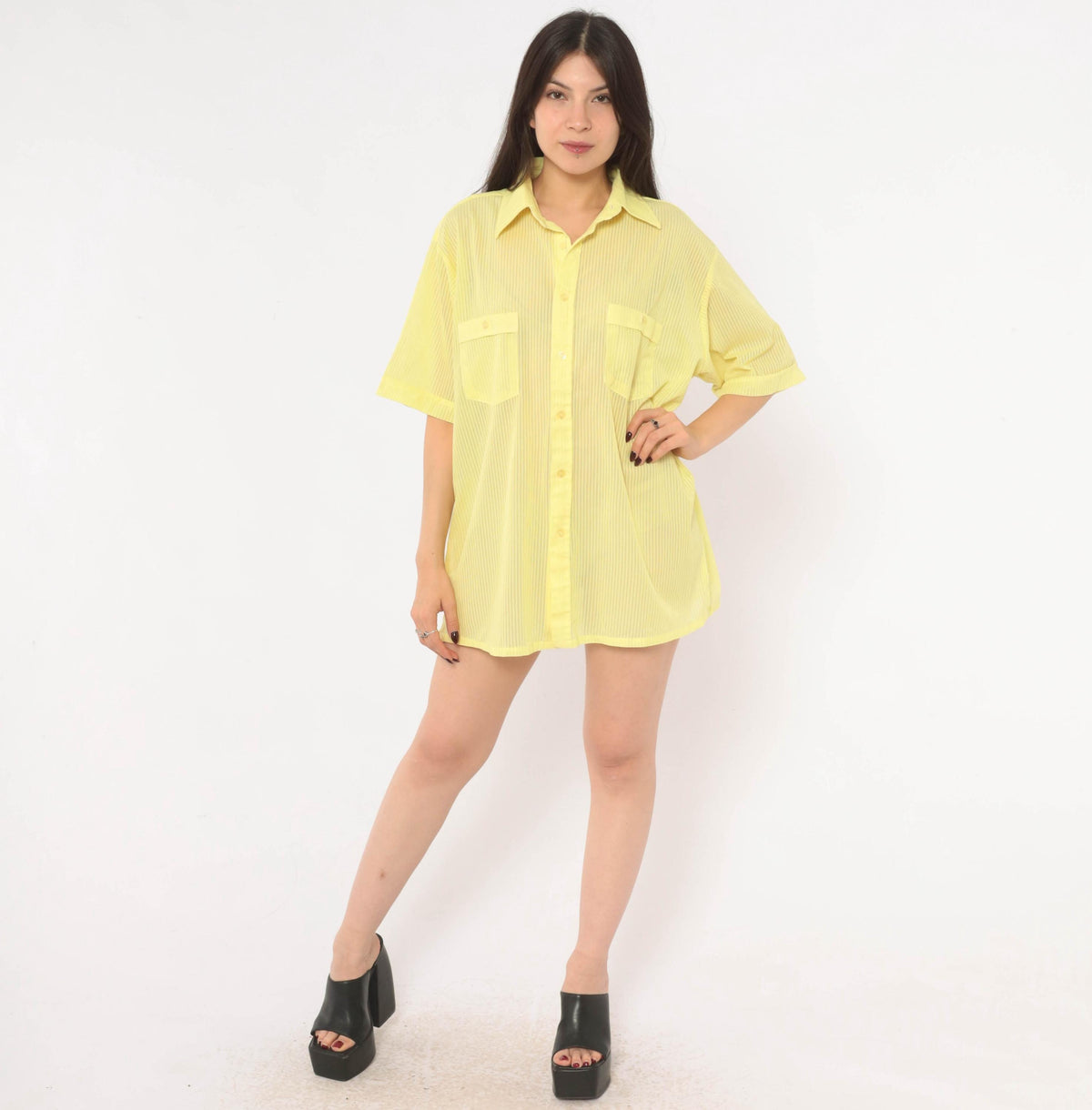 70s Jean Phillipe Yellow Striped Button-Up Shirt Pointed Collar Sheer Large