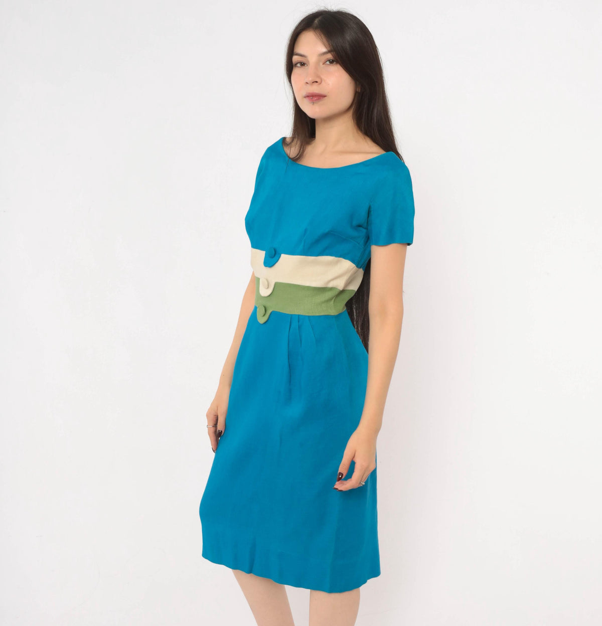 60s Teal Linen Sheath Dress Color Block Cream Olive Boat Neck Small
