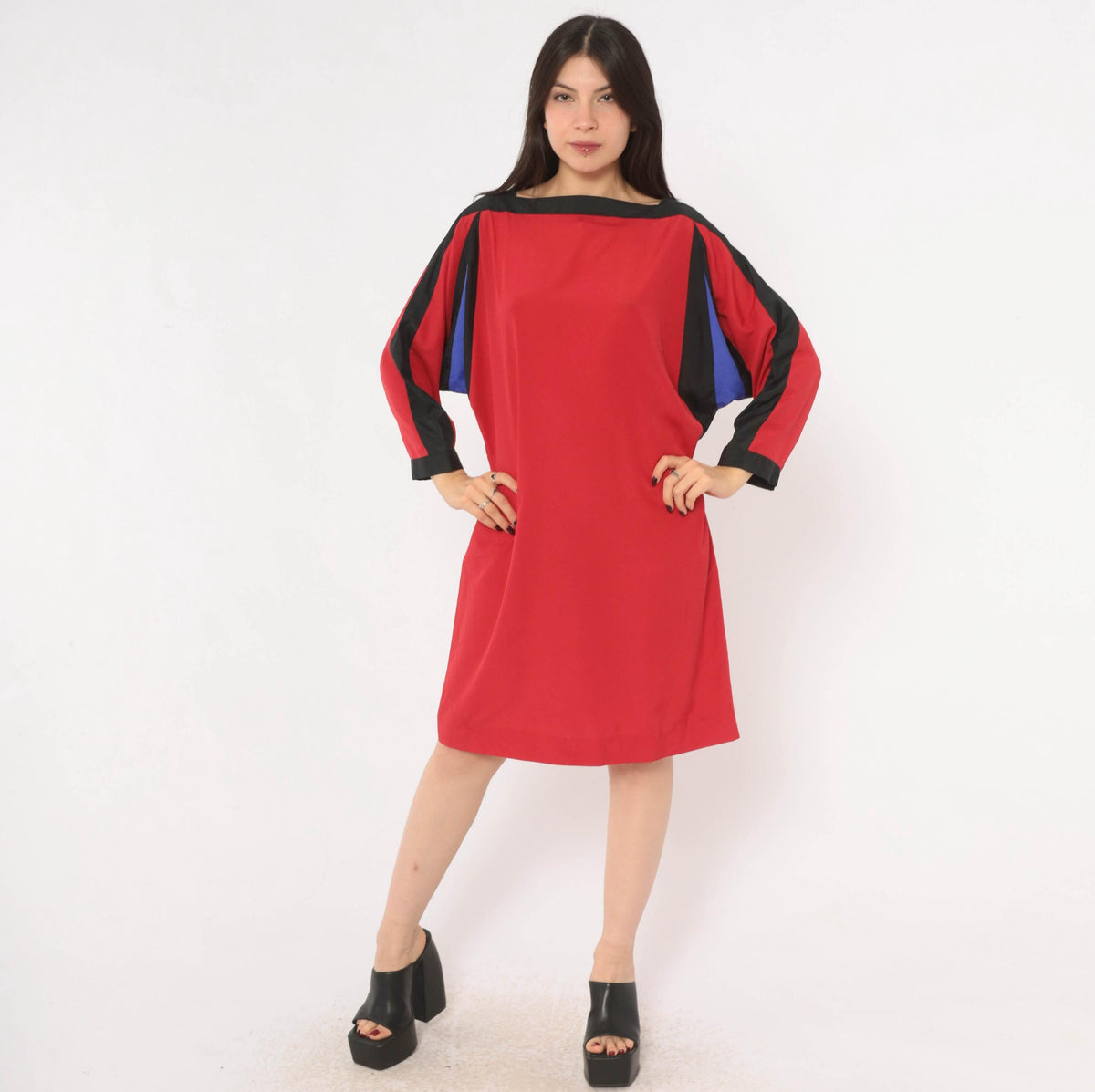 80s Red Color Block Shift Dress Batwing Dolman Sleeve Boat Neck Medium