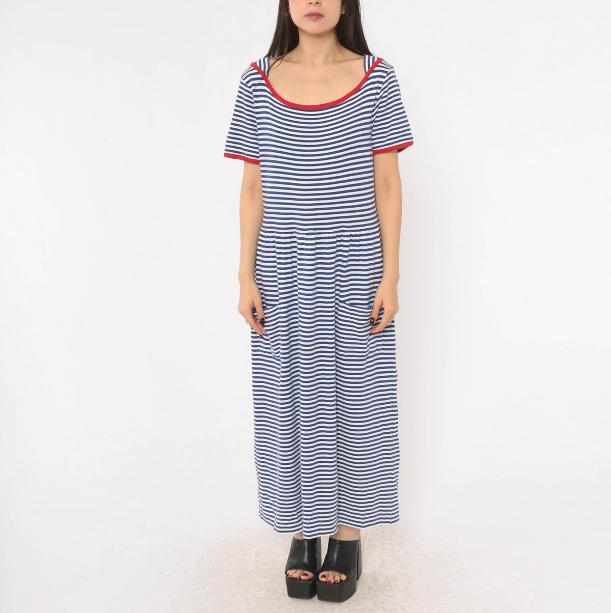 90s Talbots Striped Cotton Maxi Dress Cobalt Blue White Red Trim Large L
