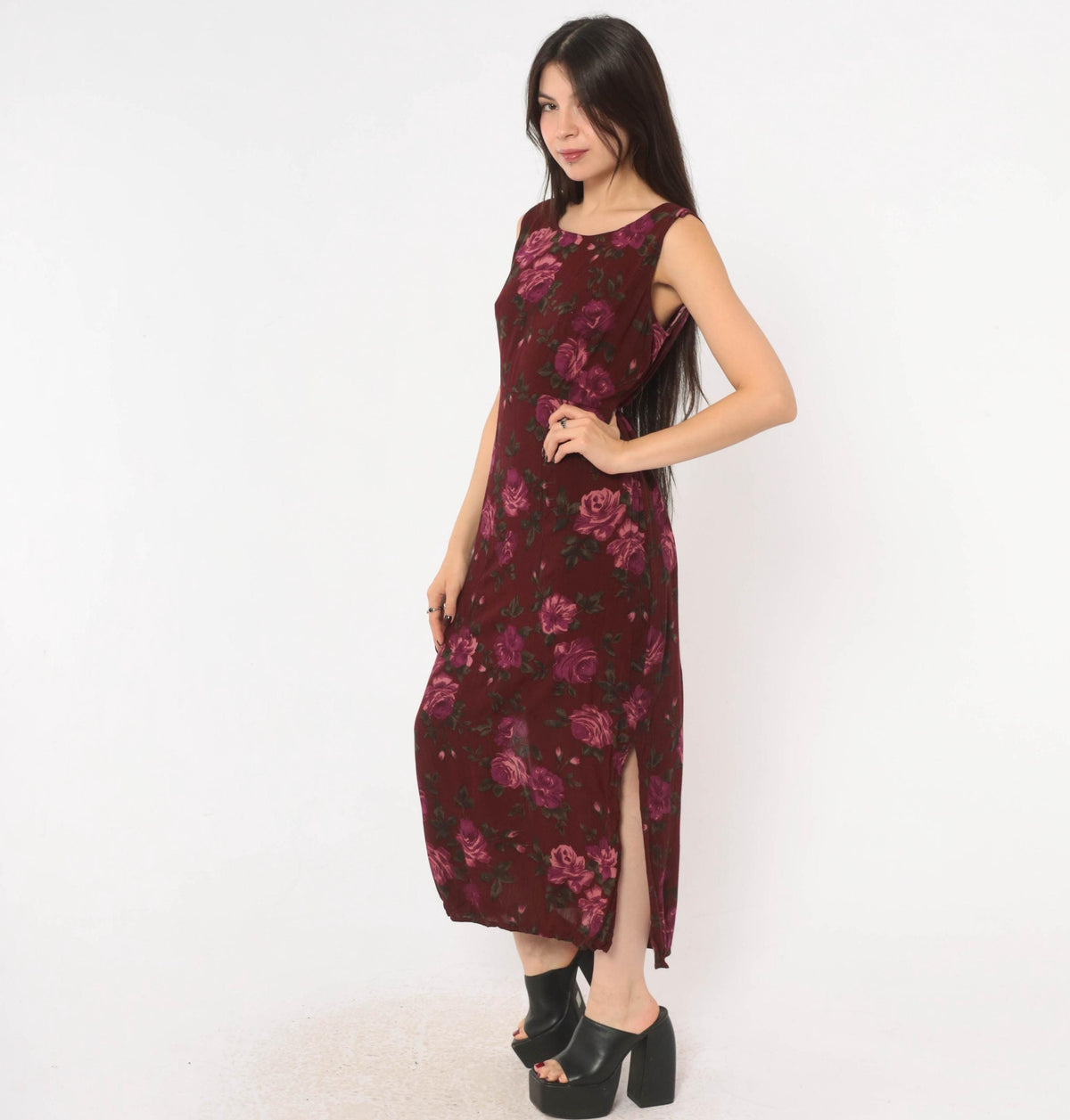 90s Chadwick's Burgundy Floral Midi Dress Sleeveless Tie Back Medium M