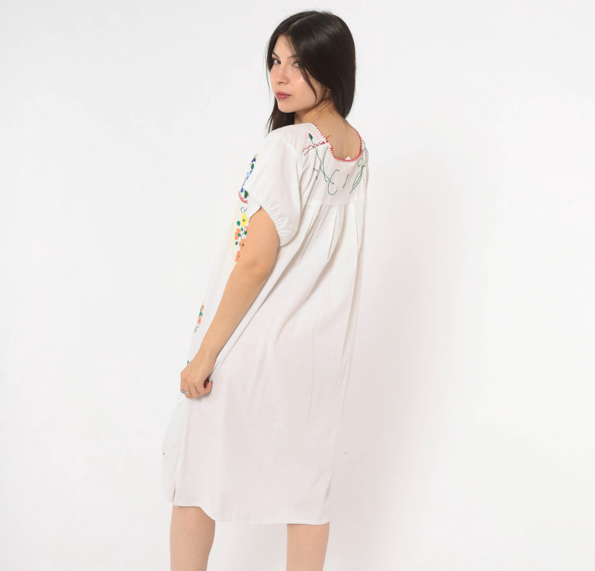 90s Mexican Embroidered Cotton Dress White Floral Puff Sleeve Square Neck Small