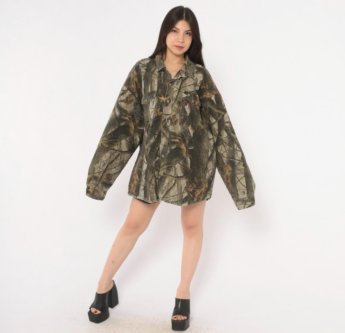 90s Realtree Camo Button Shirt Grey Brown Tree Leaf Print Shacket XXL