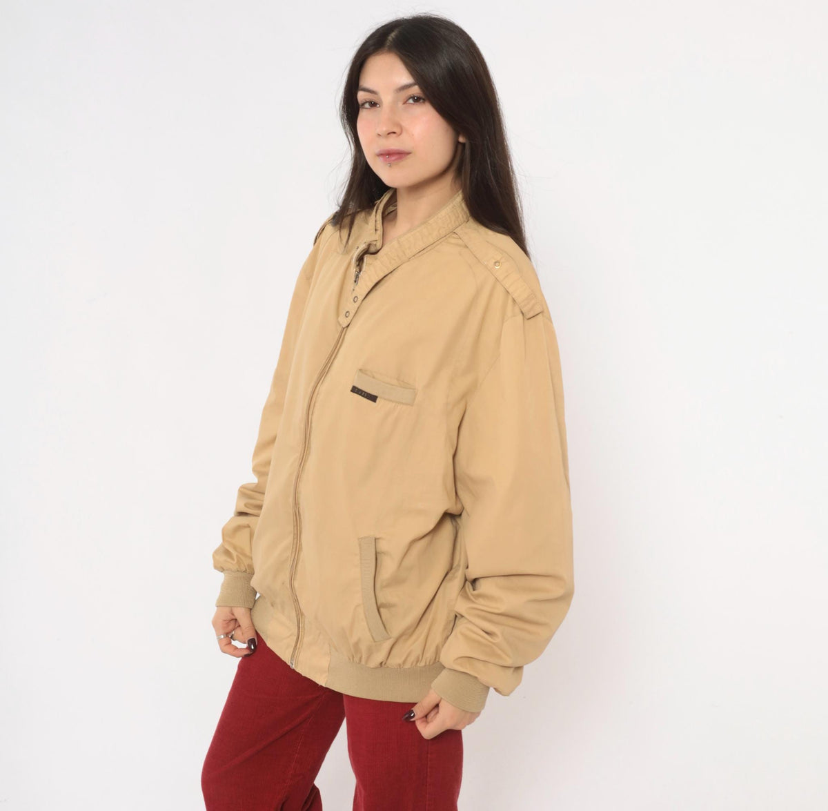 80s Members Only Bomber Jacket Beige Tan Snap Collar Raglan Extra Large