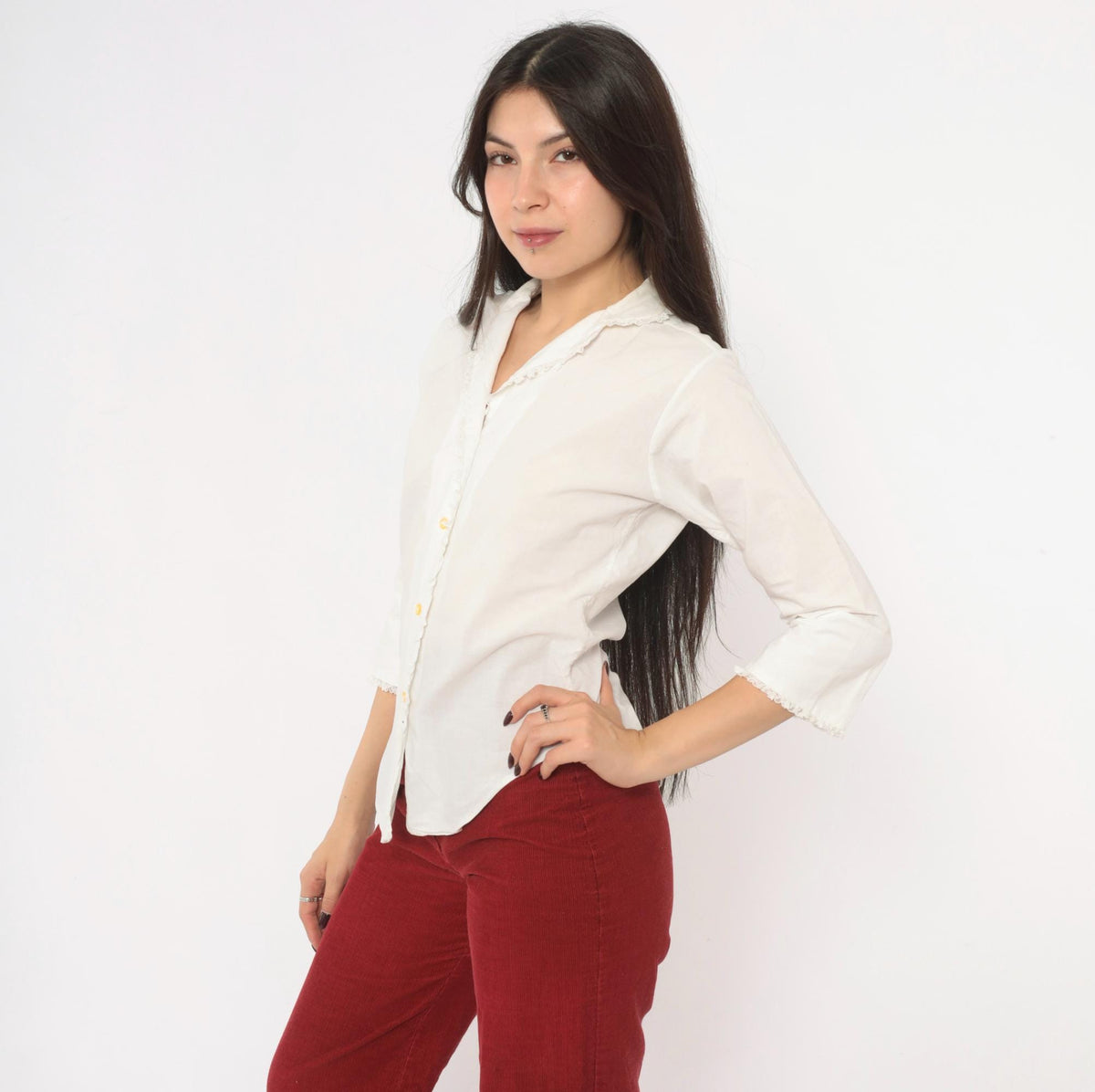 70s Lady Manhattan White Cotton Blouse Lace Trim V Neck Three Quarter Sleeve Extra Small