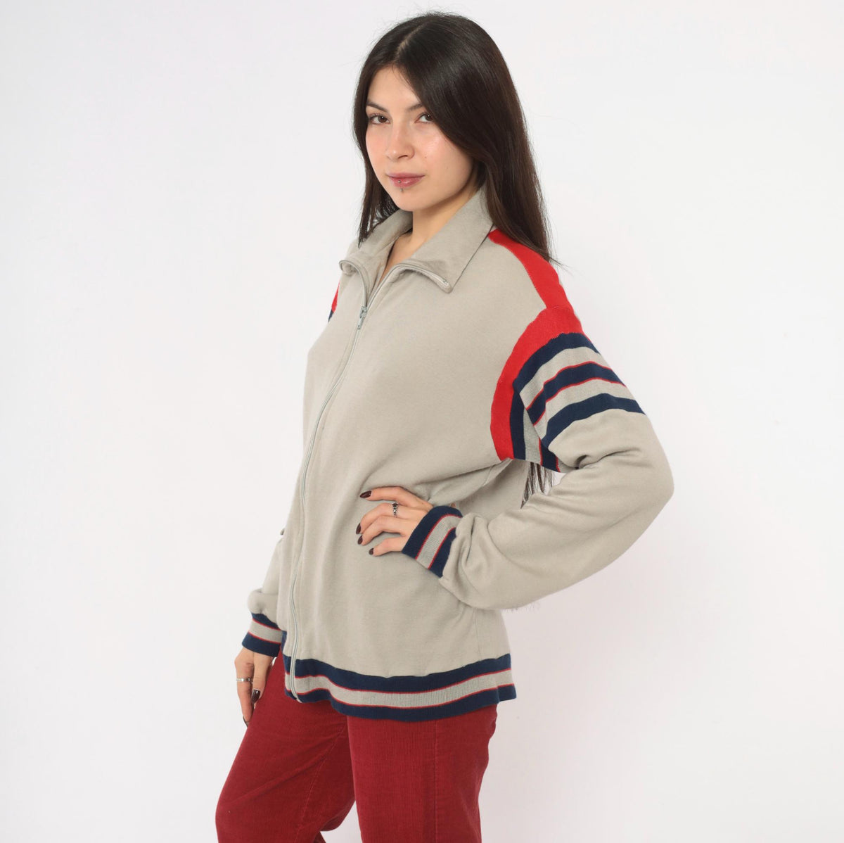 80s Track & Court Zip Jacket Grey Navy Red Stripe Bomber Medium