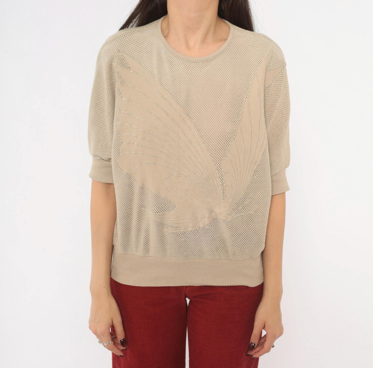 80s Stephanie Beige Mesh Knit Top Dolman Batwing Butterfly Appliqué Medium