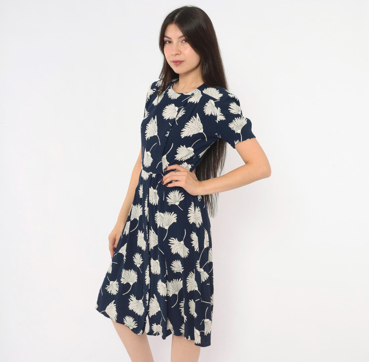 90s Liz Claiborne Navy Floral Dress White Daisy Print Puff Sleeve Small S