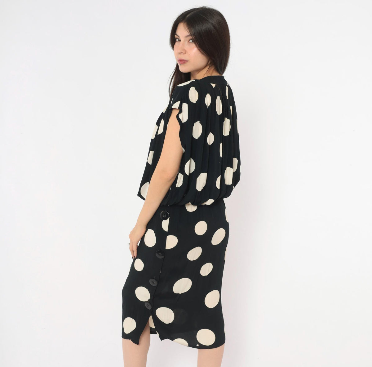 90s Chetta B Polka Dot Midi Dress Black Cream Cap Sleeve Small S
