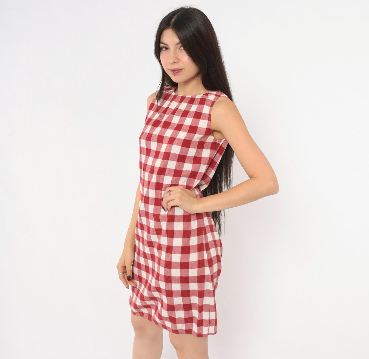 Y2K Red Gingham Sleeveless A-Line Dress Knee Length Medium M