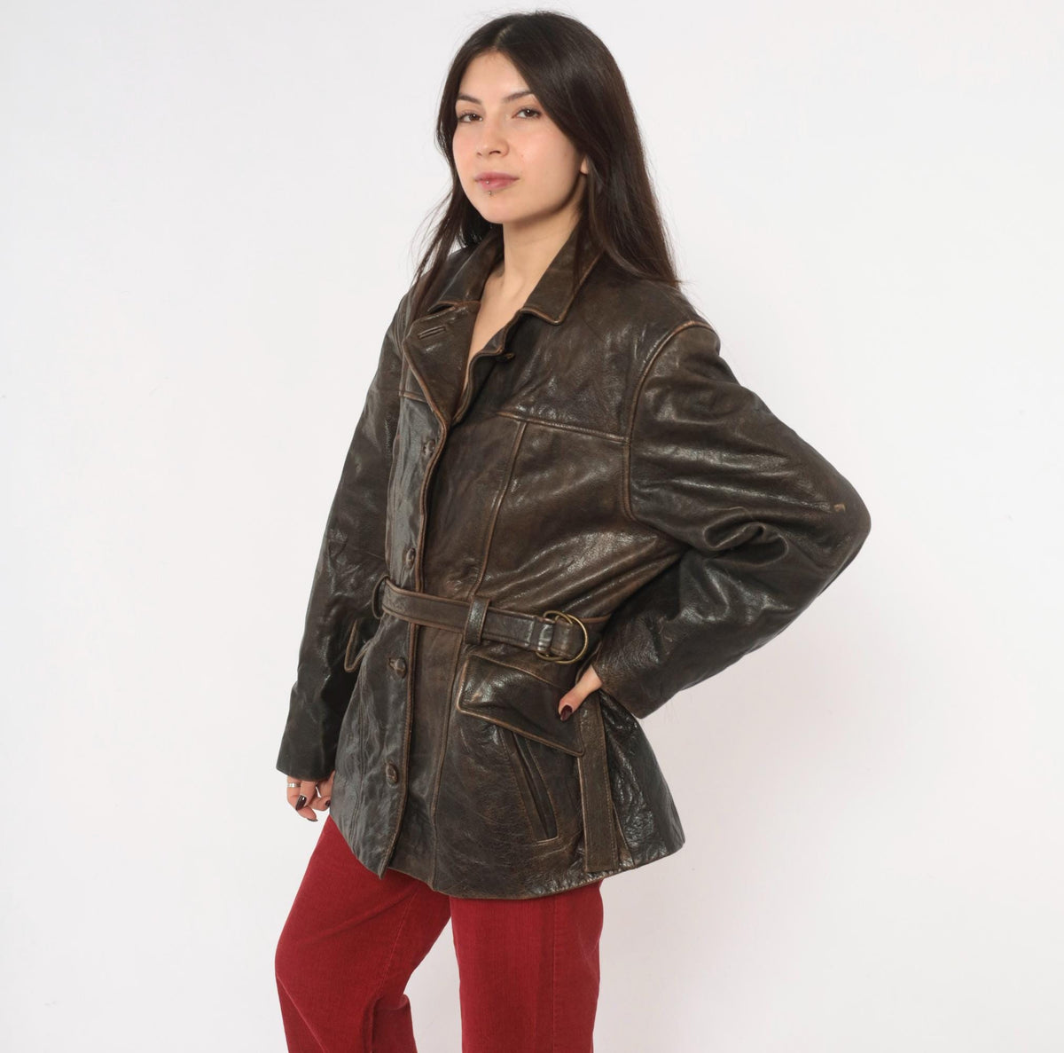 90s Oakwood Brown Leather Jacket Belted Waist Button Front Moto Large