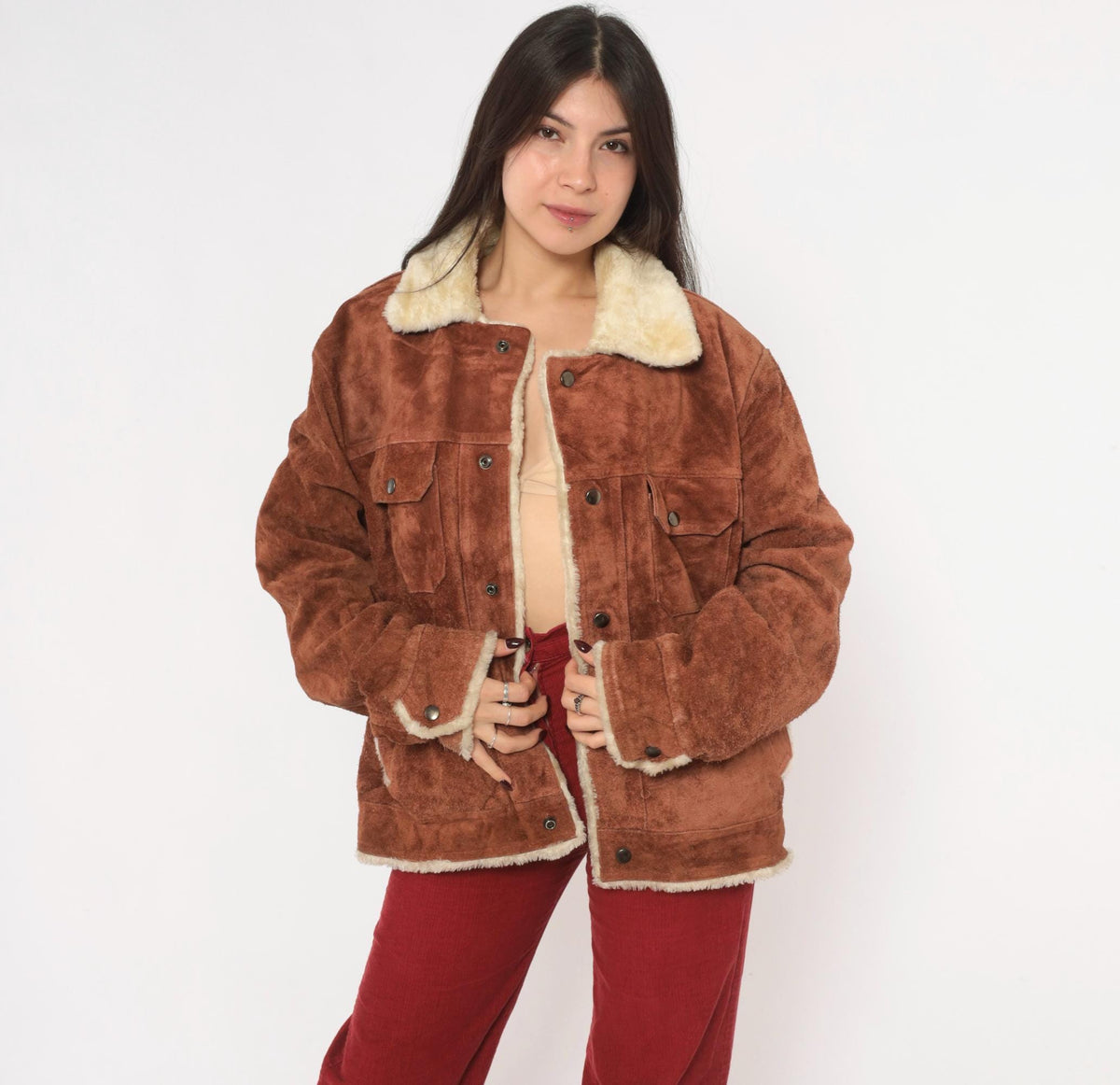 70s Grande Bay Brown Suede Trucker Jacket Shearling Lined Medium