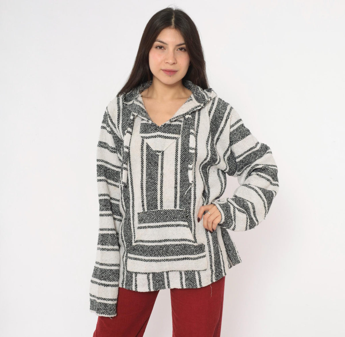 90s Baja Hoodie Black White Striped Woven Pullover Kangaroo Pocket Large L