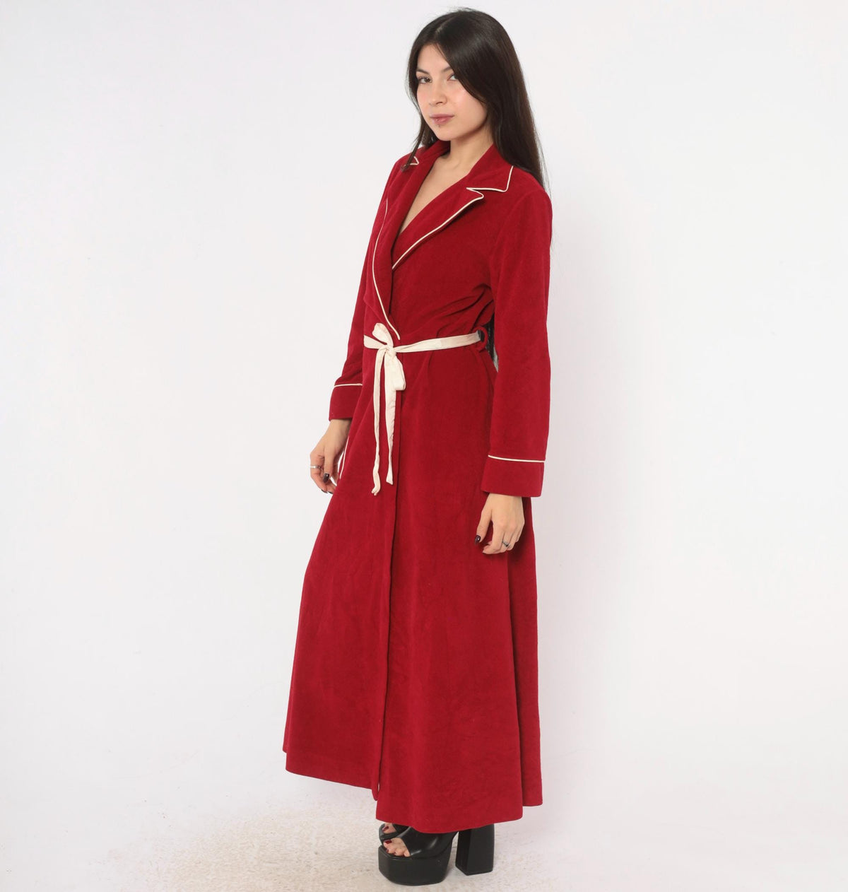 80s Kayser Red Wrap Robe Maxi Dressing Gown White Piping Medium M