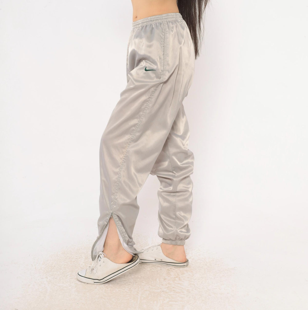 90s Nike Track Pants Grey Nylon Tapered Joggers Ankle Zip Medium M