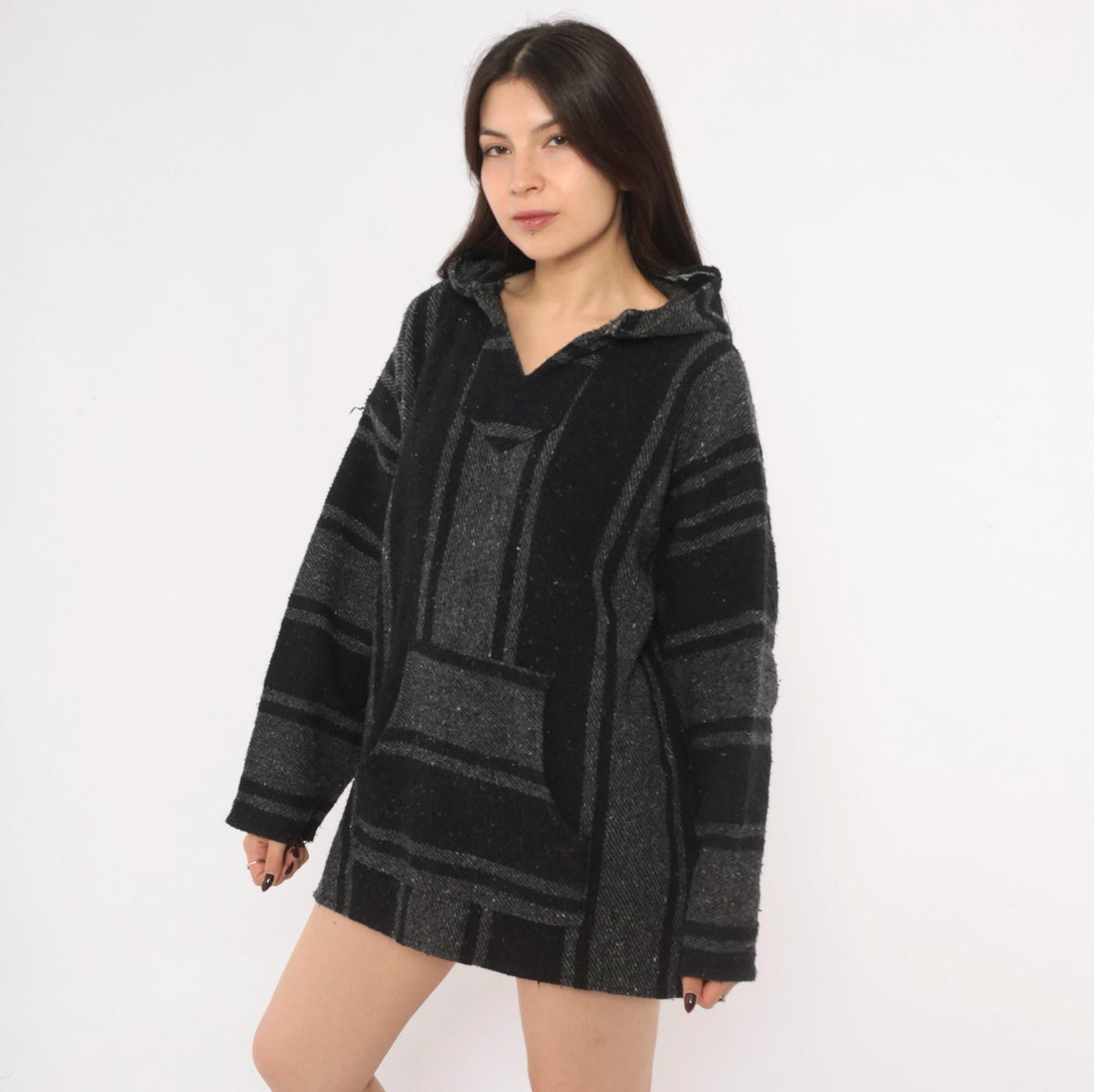 Y2K Peyote Baja Hoodie Black Grey Striped Woven Cotton Kangaroo Pocket Extra Large XL