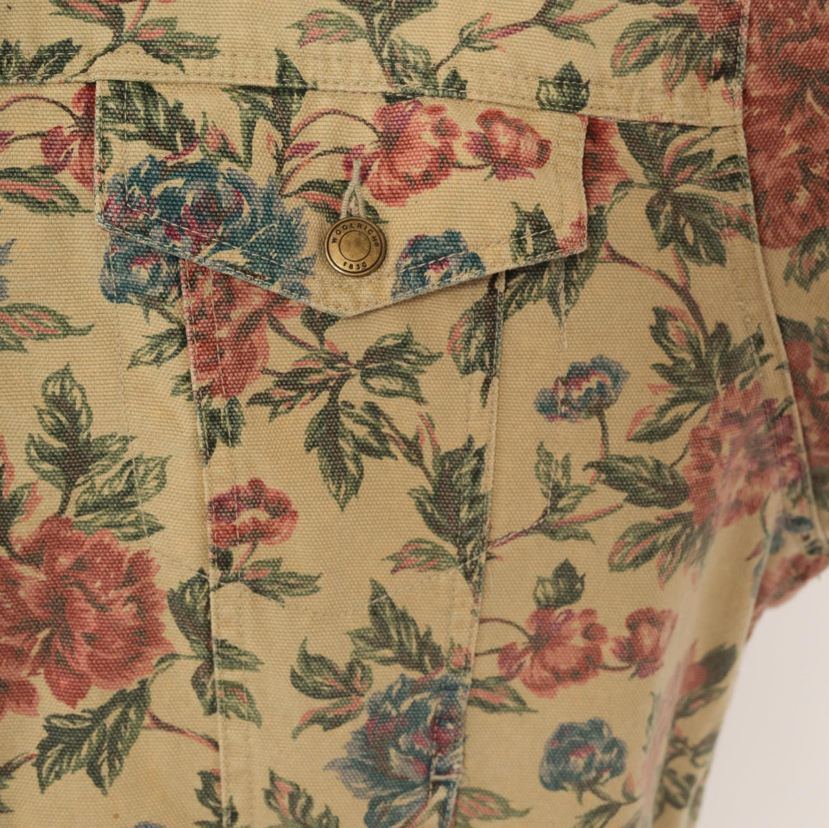 90s Woolrich Floral Denim Jacket Beige Cotton Canvas Pink Rose Print Extra Large XL