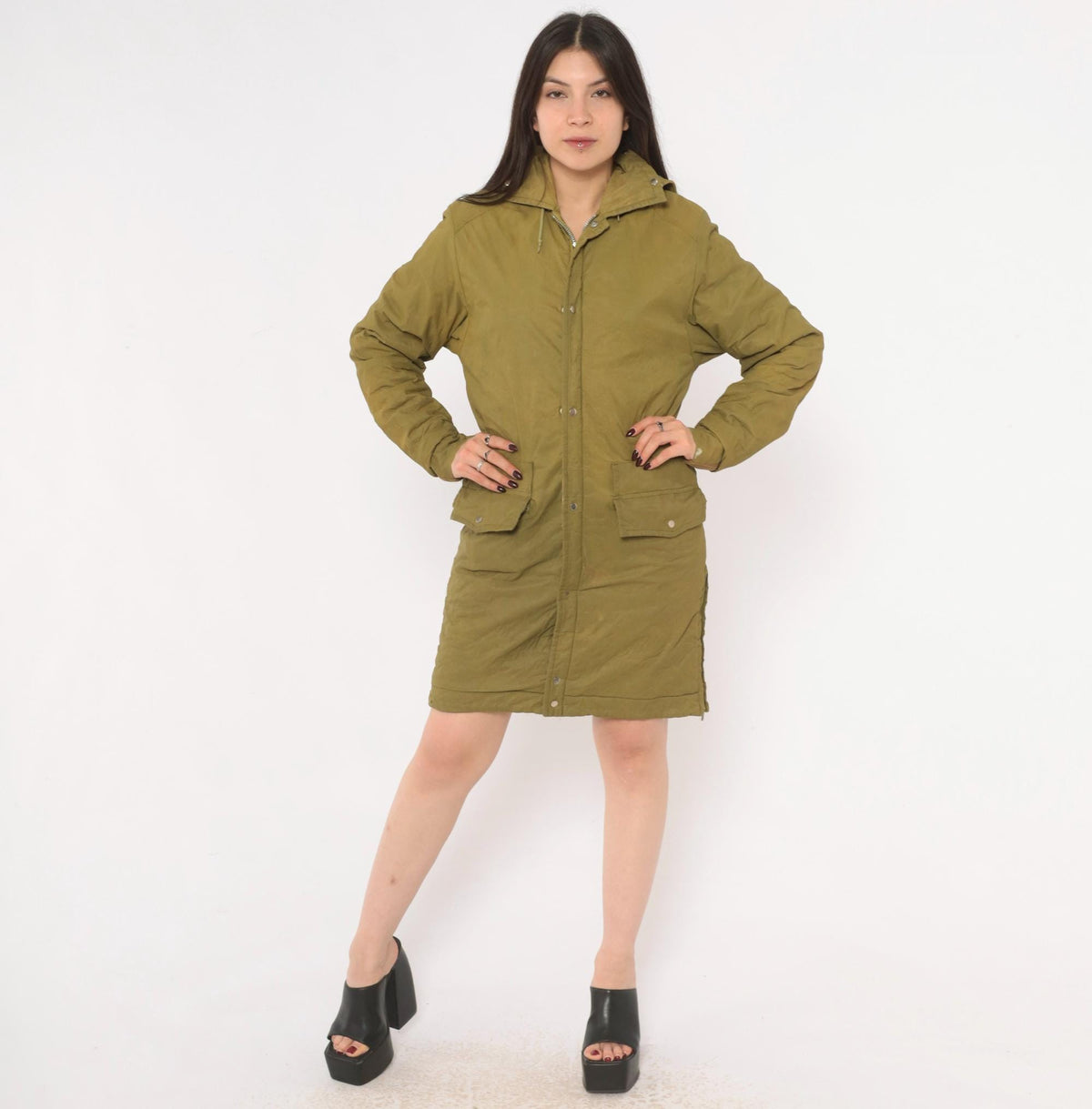 60s Olive Hooded Parka Jacket Nylon Military Field Coat Snap Zip Small