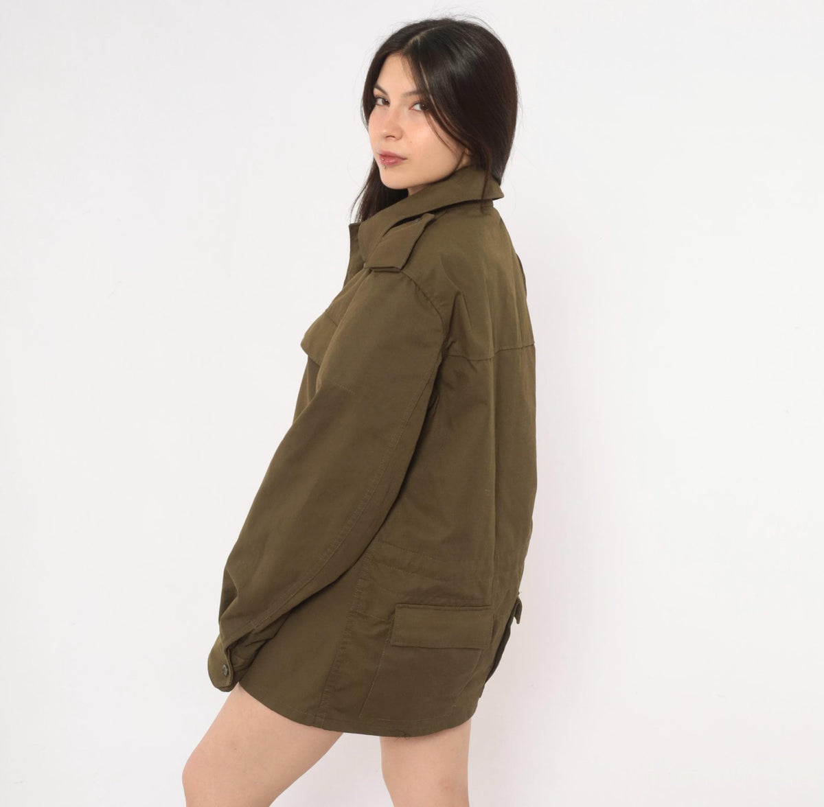 90s Olive Green Military Field Jacket Cotton Button Front Medium
