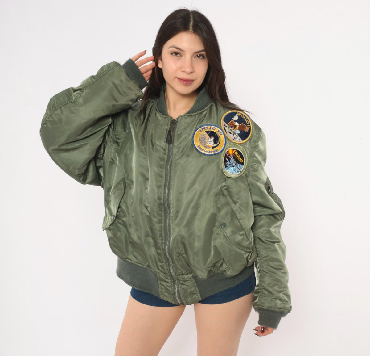 90s MA-1 Bomber Jacket Olive Green Reversible Orange Flight Coat Large L