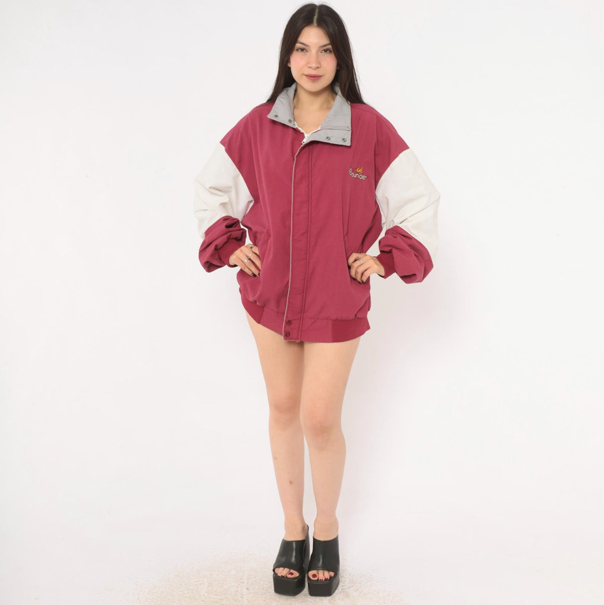 80s Dunbrooke Burgundy Bomber Jacket White Color Block Sleeves Extra Large XL