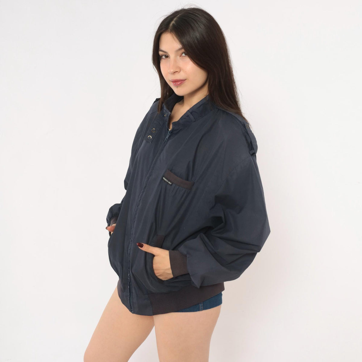 80s Members Only Bomber Jacket Navy Blue Zip Front Stand Collar Large L