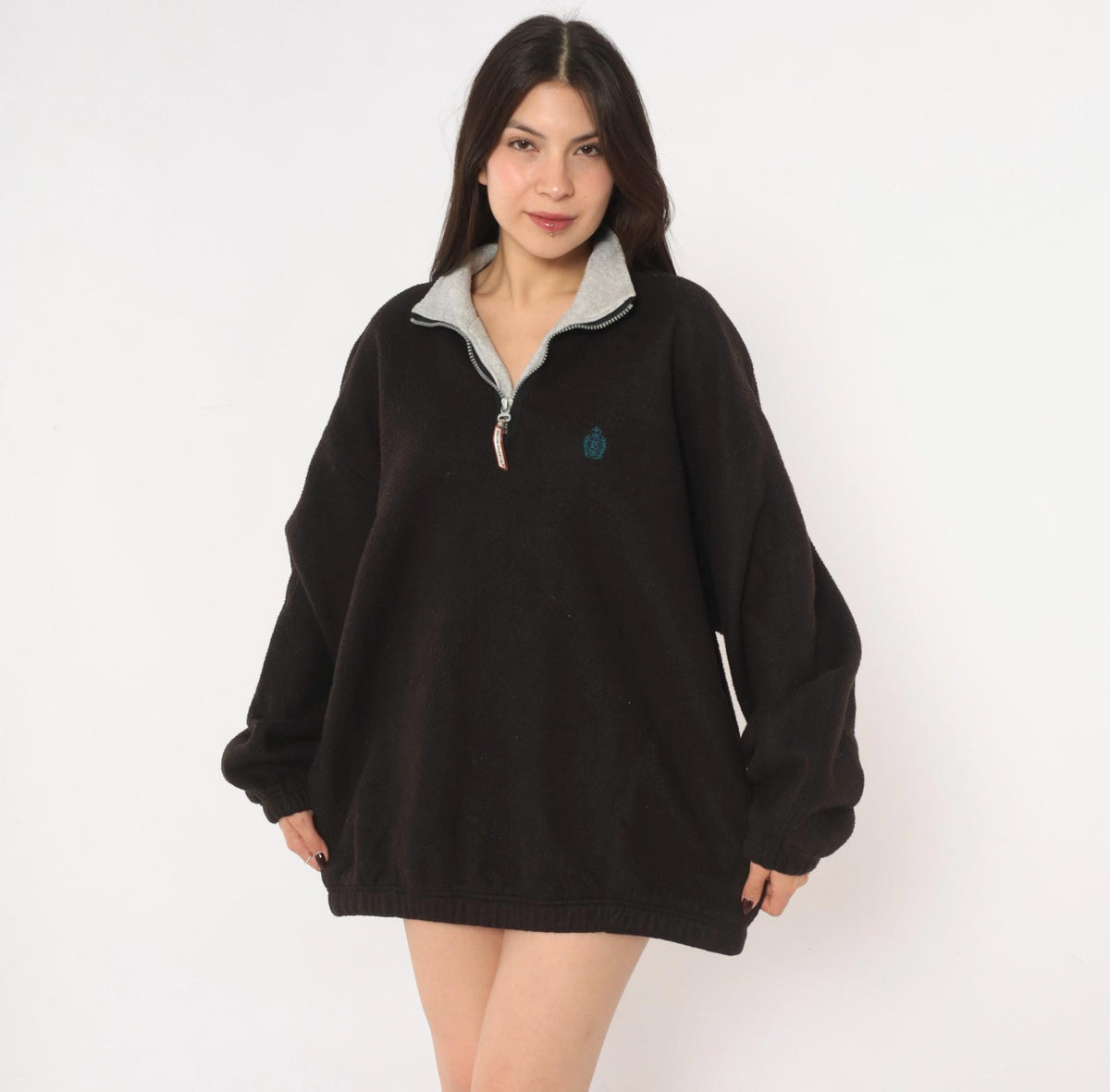 90s Snow Fleece Black Half Zip Pullover Grey Collar Raglan Extra Large XL