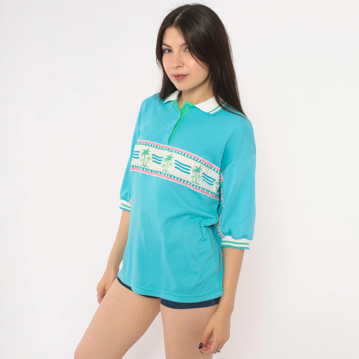90s Pykettes Palm Tree Polo Shirt Turquoise Three Quarter Sleeve Medium