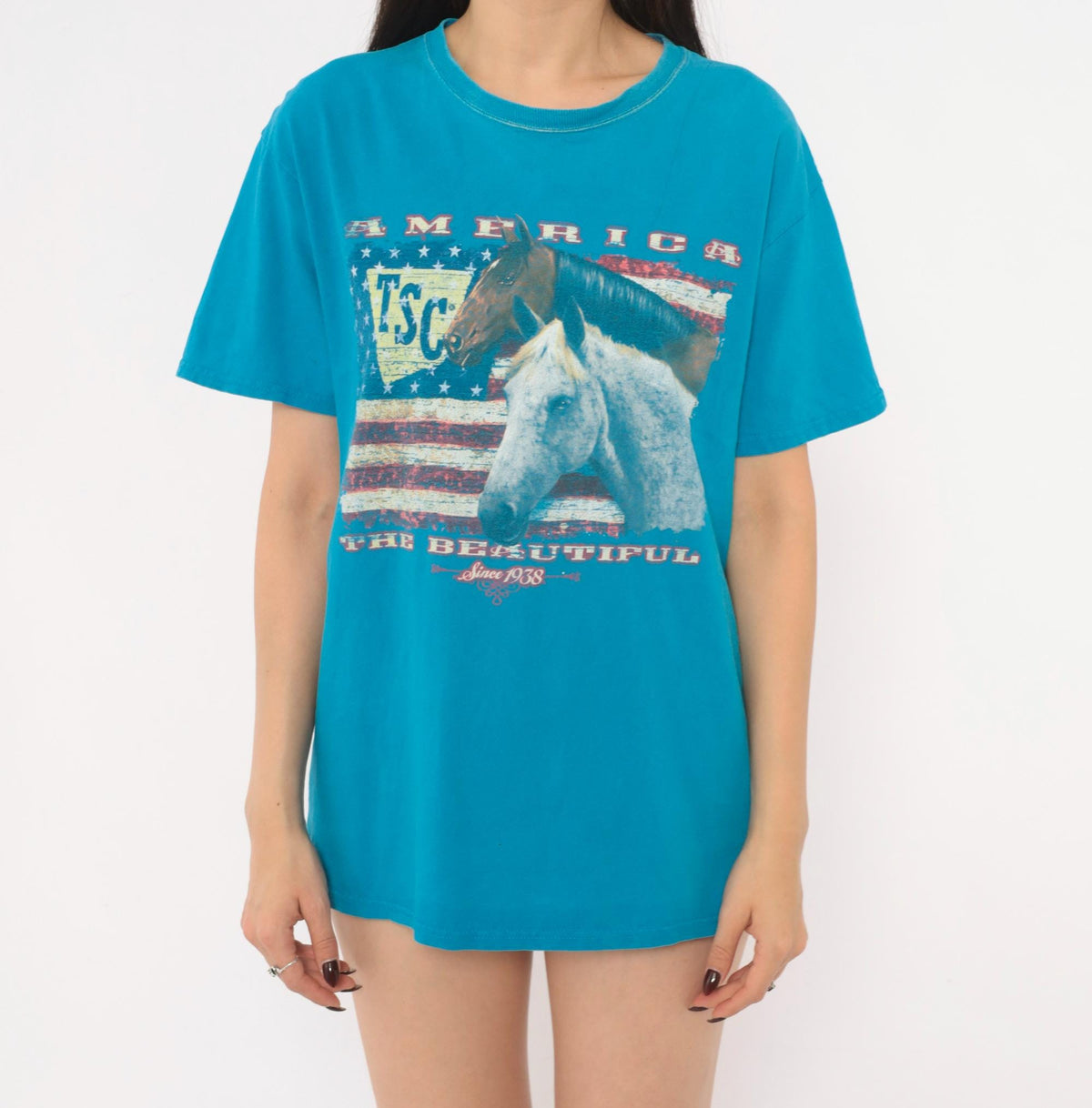 Y2K Horse Graphic Tee Teal Blue American Flag Western Cowgirl Medium M