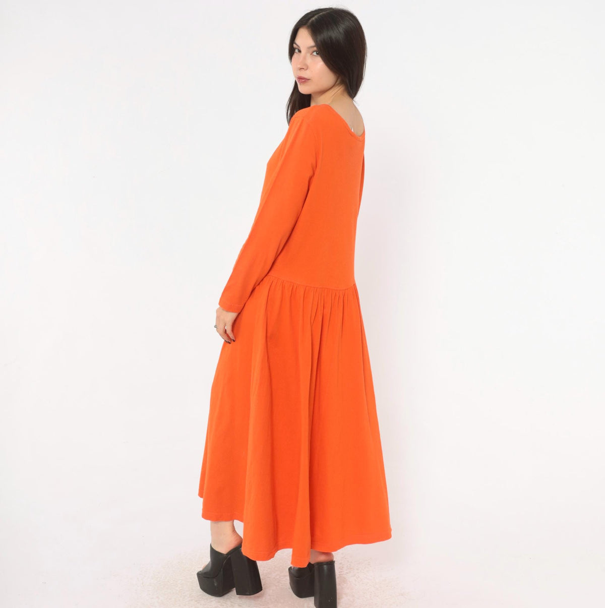 90s Oakbrook Sport Orange Cotton Dress Drop Waist Long Sleeve Medium