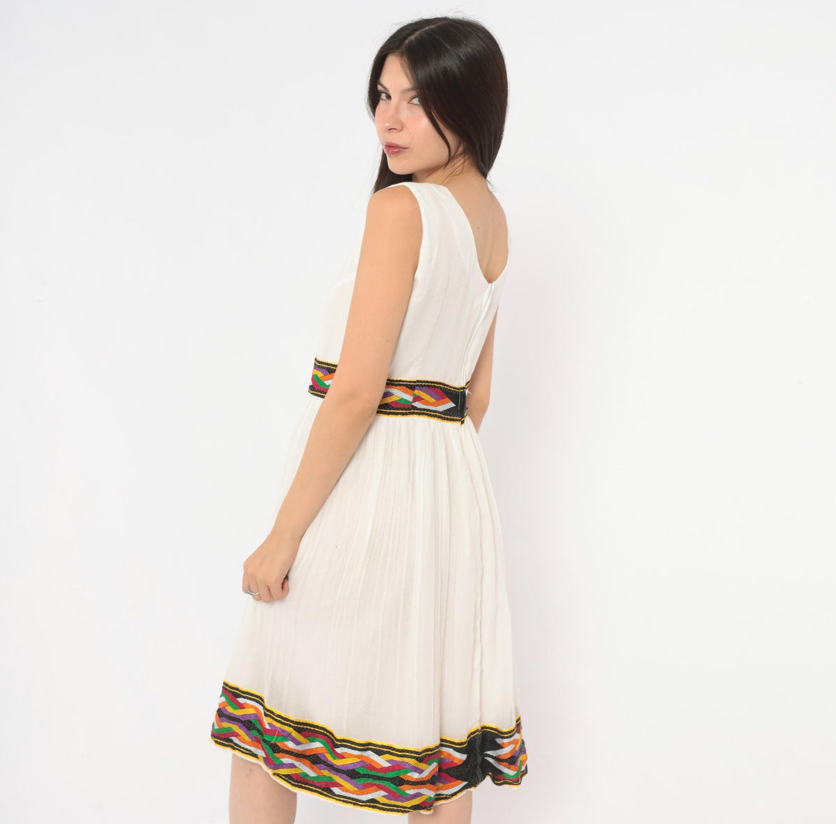 90s White Gauze Knee-Length Dress Ethiopian Habesha Embroidered Tibeb Multicolor Medium