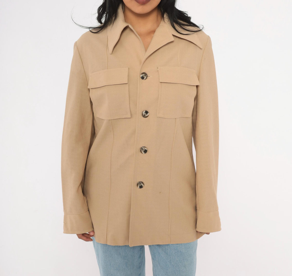 70s Haband Beige Button Front Jacket Pointed Collar Utility Shacket Medium M